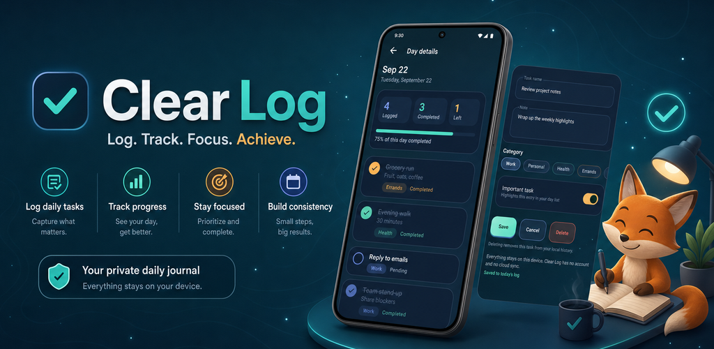 Clear Log mobile app screens and branding