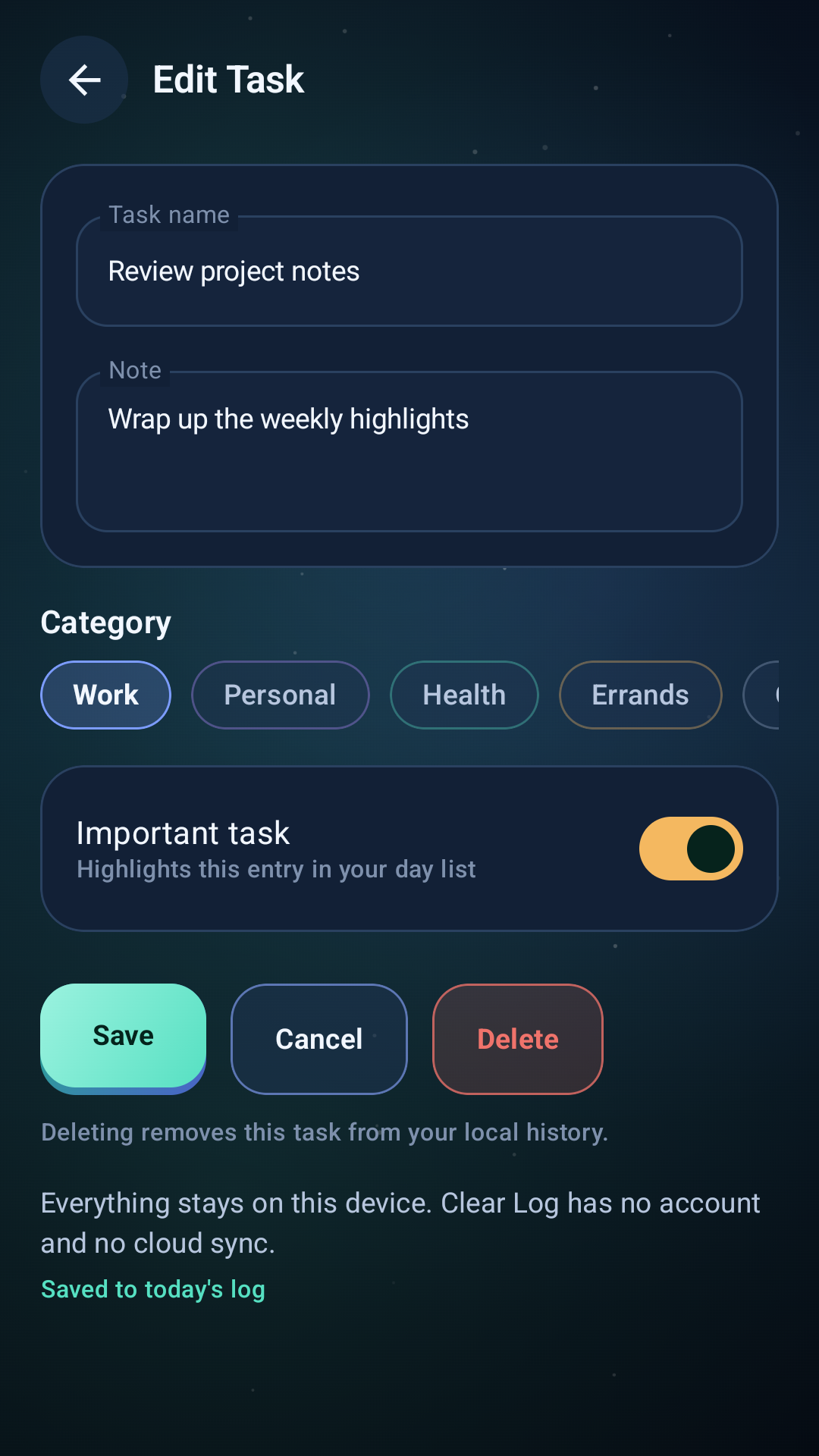 Task editing screen with category and priority controls