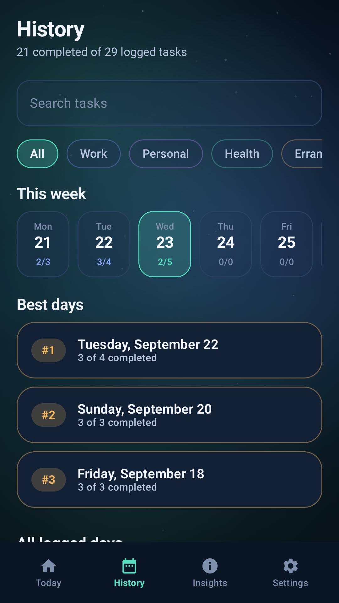 History screen with weekly activity